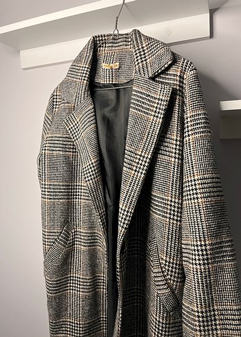 Kadın Gri Ekose Uzun Düğmeli Kaban - Görsel 3