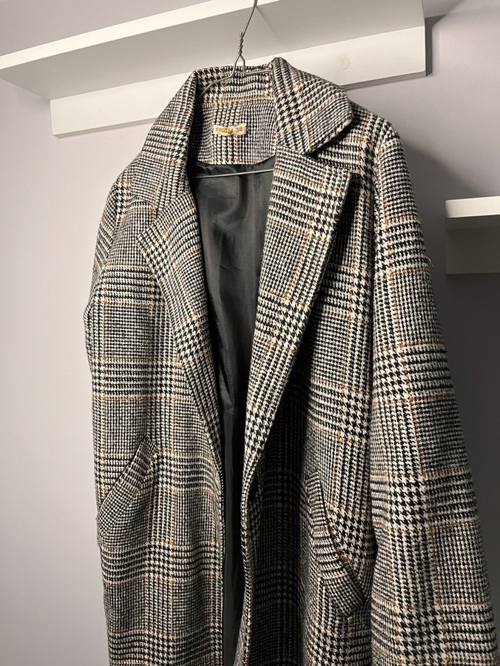 Kadın Gri Ekose Uzun Düğmeli Kaban - Görsel 3