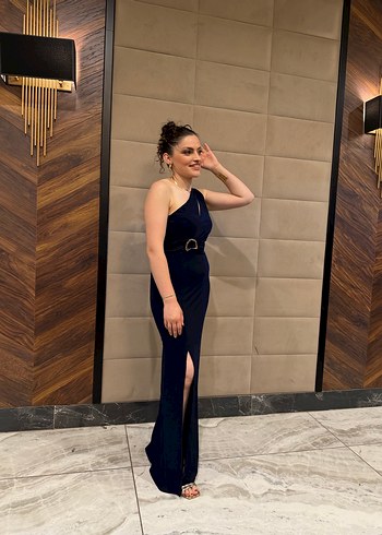 Lacivert Uzun Drapeli Abiye Elbise - Görsel 2