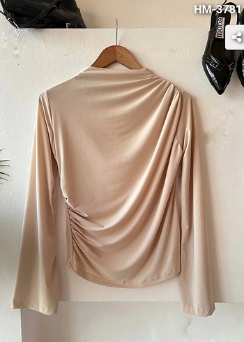 Bej Drape V Yaka Uzun Kollu Bluz