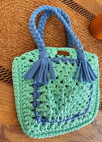 Püsküllü Turkuaz Örgü Kadın Çanta - Görsel 2