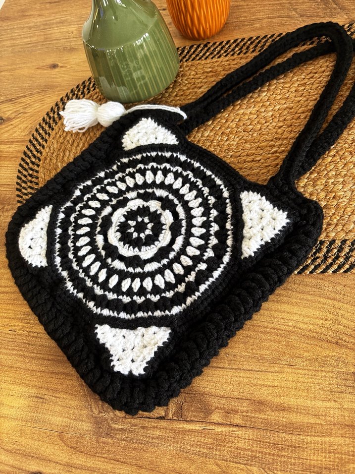 Bohem Siyah Örgü Kadın Çanta - Görsel 2