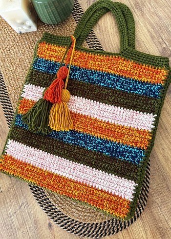 Püsküllü Çok Renkli Örgü Bohem Çanta - Görsel 2