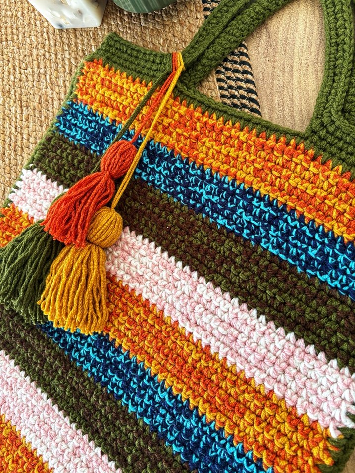 Püsküllü Çok Renkli Örgü Bohem Çanta - Görsel 3