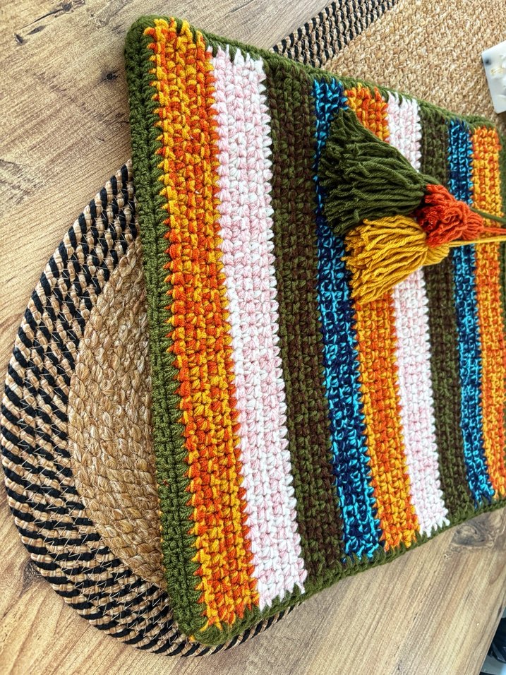 Püsküllü Çok Renkli Örgü Bohem Çanta - Görsel 4