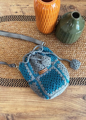 Gri Mavi Örgü Bohem Kadın Çanta - Görsel 2