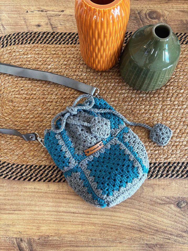 Gri Mavi Örgü Bohem Kadın Çanta - Görsel 2