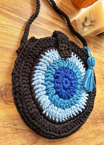 Püsküllü Mavi Örgü Bohem Kadın Çanta - Görsel 2