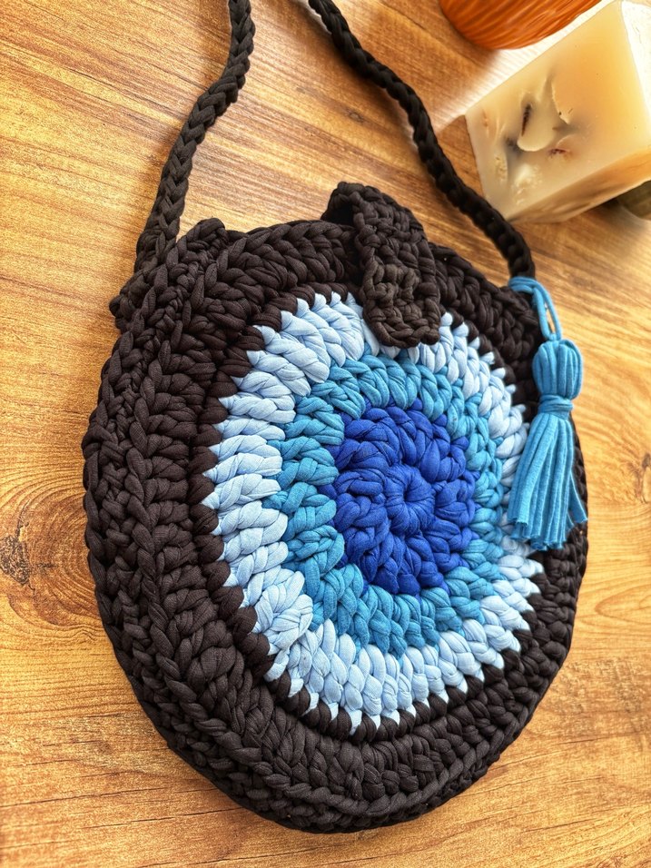 Püsküllü Mavi Örgü Bohem Kadın Çanta - Görsel 2