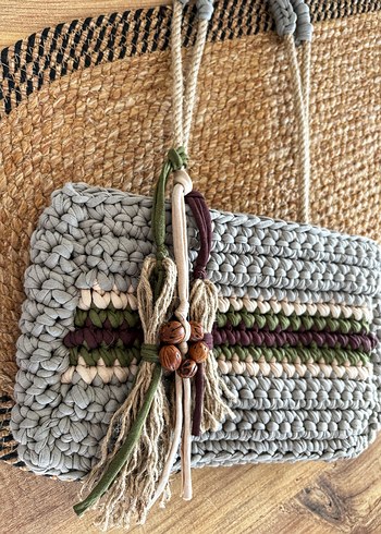 Gri Örgü Bohem Kadın Çanta - Görsel 3
