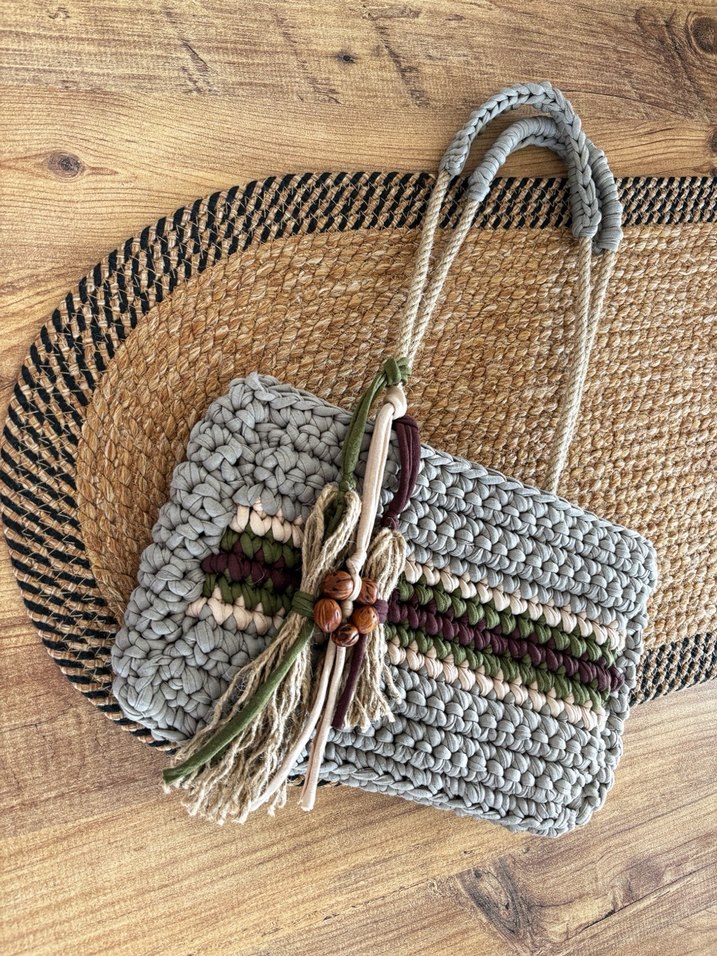 Gri Örgü Bohem Kadın Çanta - Görsel 2