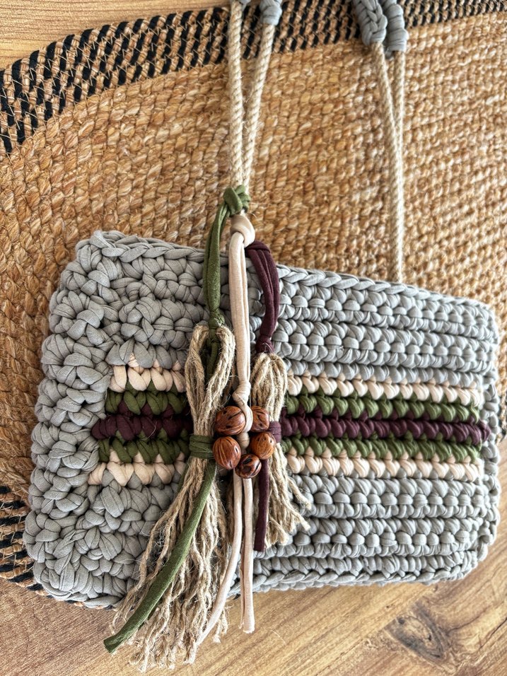 Gri Örgü Bohem Kadın Çanta - Görsel 3