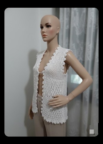 Dantel Detaylı Beyaz Örgü Kadın Yelek - Görsel 2