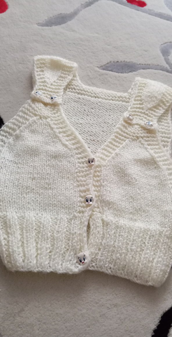 Kız Çocuk Beyaz Örgü V Yaka Kolsuz Yelek - Görsel 2