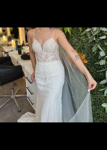 Beyaz Straplez Uzun Balık Gelinlik - Görsel 3