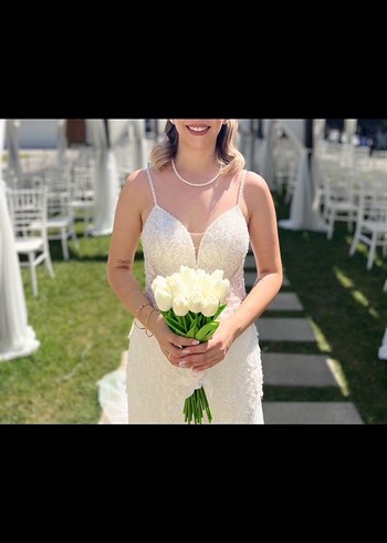 Beyaz Straplez Uzun Balık Gelinlik - Görsel 4