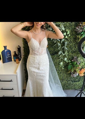 Beyaz Straplez Uzun Balık Gelinlik - Görsel 2