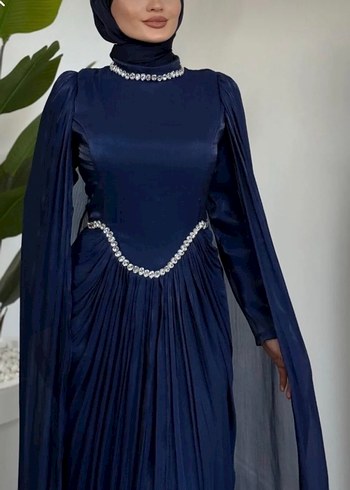 Lacivert Uzun Kollu Drapeli Abiye Elbise - Görsel 3