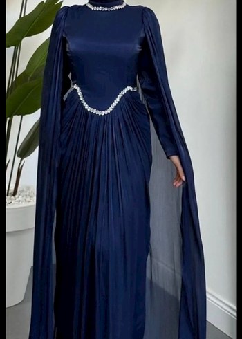 Lacivert Uzun Kollu Drapeli Abiye Elbise - Görsel 4