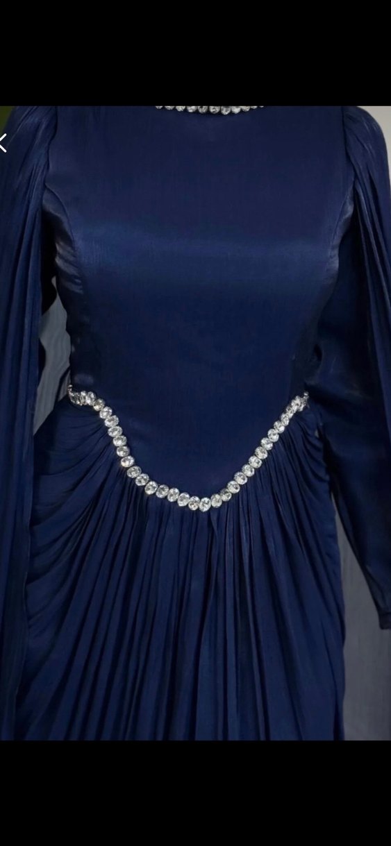 Lacivert Uzun Kollu Drapeli Abiye Elbise - Görsel 2