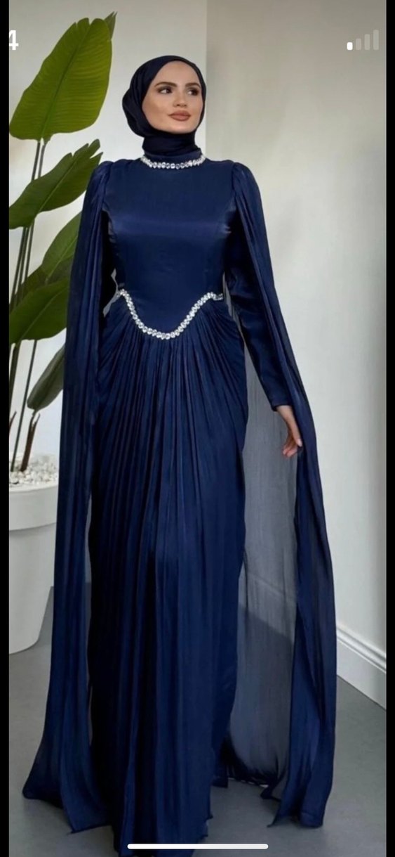 Lacivert Uzun Kollu Drapeli Abiye Elbise - Görsel 4