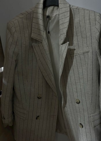 Bej Çizgili Kadın Keten Blazer Ceket - Görsel 2