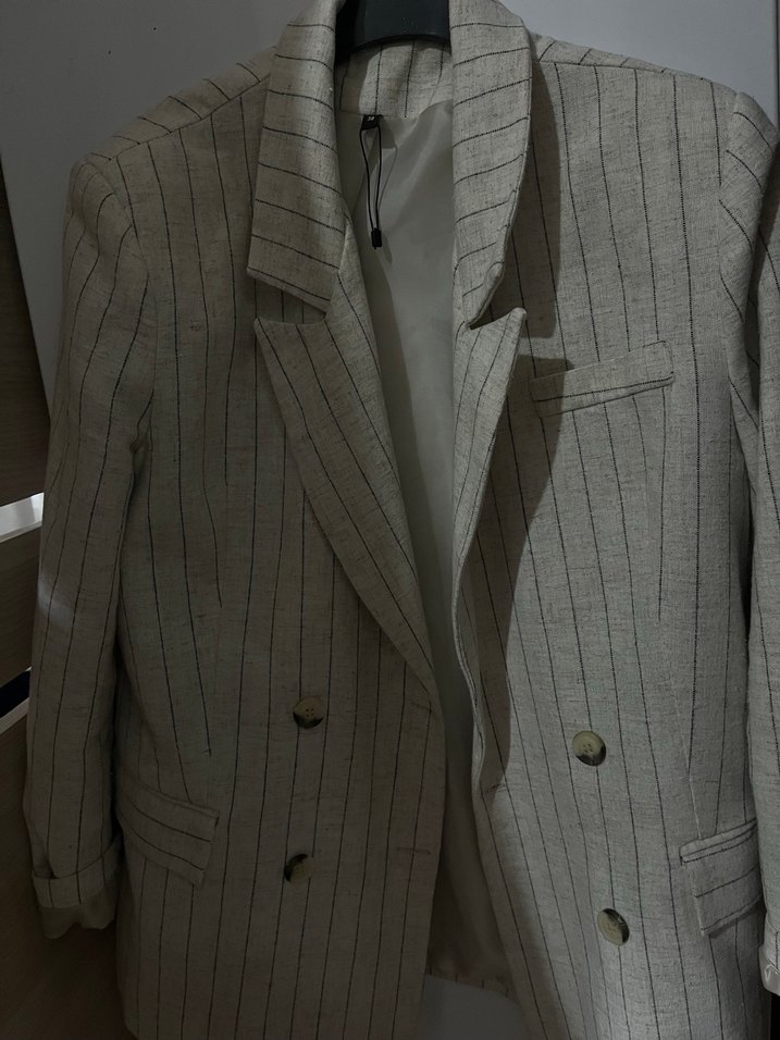 Bej Çizgili Kadın Keten Blazer Ceket - Görsel 2