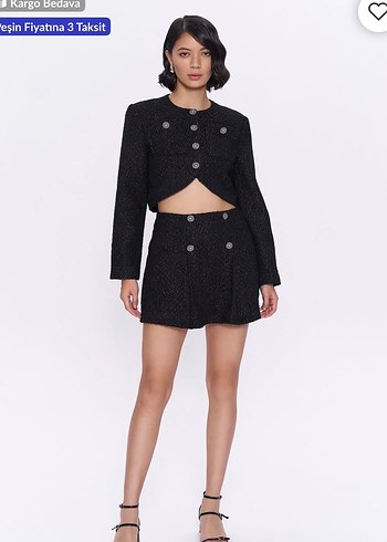 Düğmeli Siyah Mini Kadın Blazer Ceket - Görsel 2