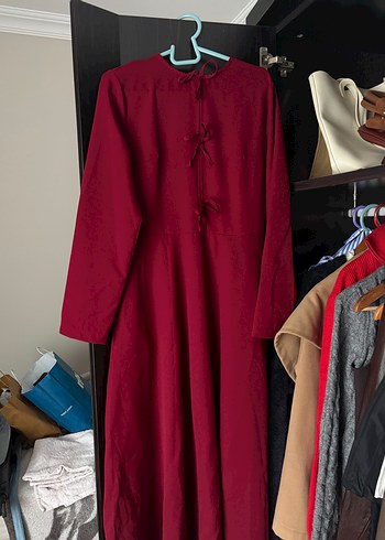 Bordo Uzun Kol Yüksek Yakalı Kadın Elbise - Görsel 2
