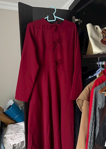 Bordo Uzun Kol Yüksek Yakalı Kadın Elbise - Görsel 4