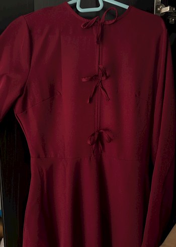 Bordo Uzun Kol Yüksek Yakalı Kadın Elbise - Görsel 5