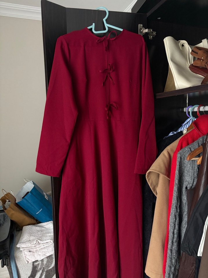 Bordo Uzun Kol Yüksek Yakalı Kadın Elbise - Görsel 2