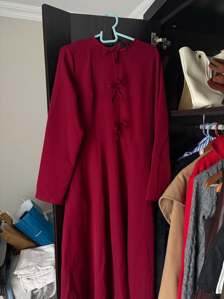 Bordo Uzun Kol Yüksek Yakalı Kadın Elbise - Görsel 4