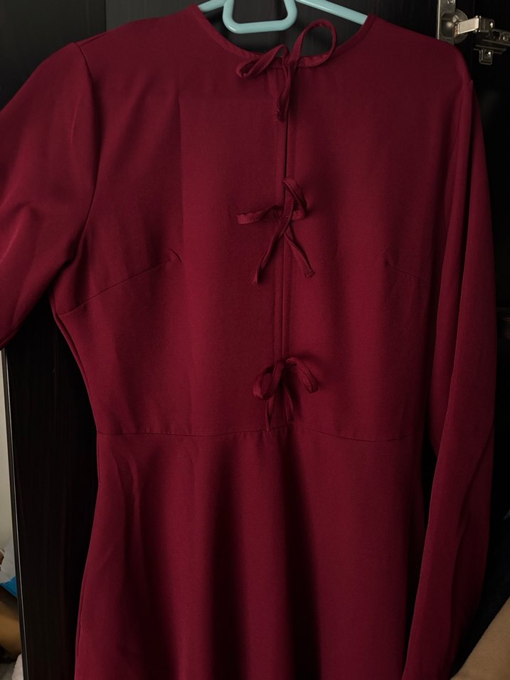 Bordo Uzun Kol Yüksek Yakalı Kadın Elbise - Görsel 5