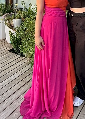xs Beden Uzun, Askısız, Drapeli Pembe Abiye Elbise