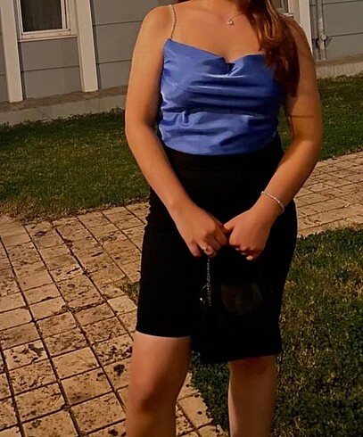 38 Beden lacivert Renk Saks mavisi taşlı yakası dökümlü bluz