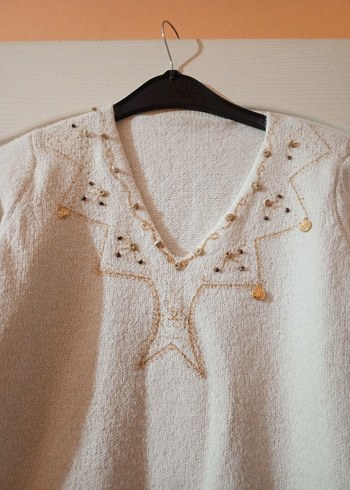 V Yaka Beyaz Örgü Kadın Kazak - Görsel 2