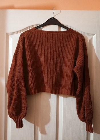 Kadın Kiremit rengi crop Örgü Hırka - Görsel 2