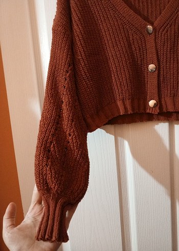 Kadın Kiremit rengi crop Örgü Hırka - Görsel 3