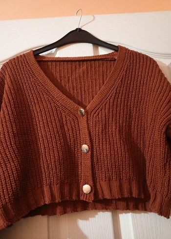 Kadın Kiremit rengi crop Örgü Hırka - Görsel 4