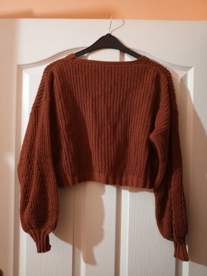 Kadın Kiremit rengi crop Örgü Hırka - Görsel 2