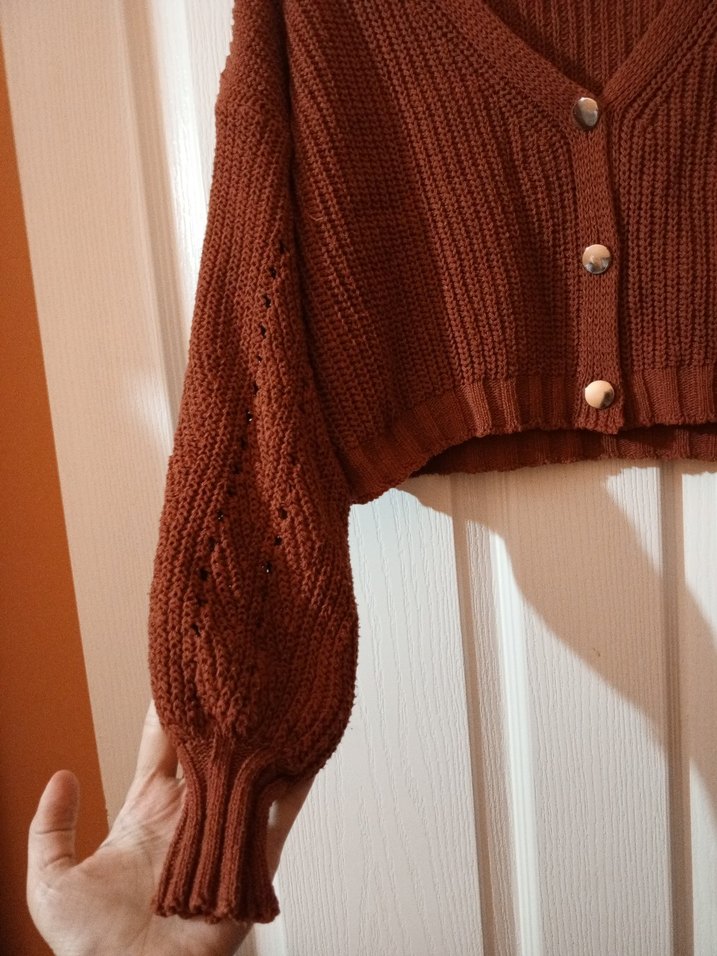 Kadın Kiremit rengi crop Örgü Hırka - Görsel 3