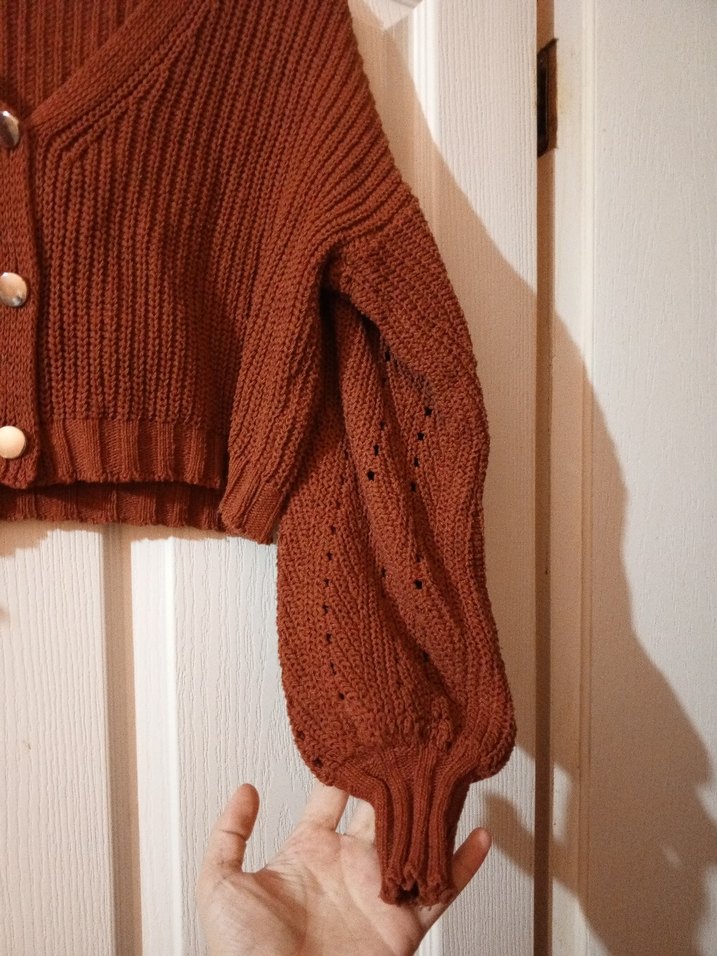 Kadın Kiremit rengi crop Örgü Hırka - Görsel 5