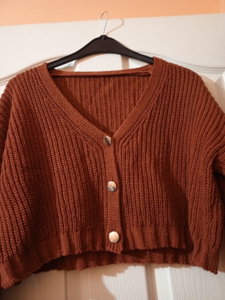 Kadın Kiremit rengi crop Örgü Hırka - Görsel 4