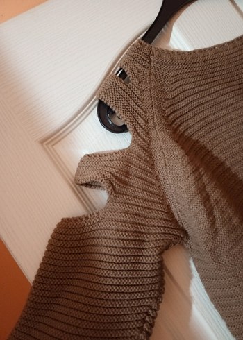 Sütlü kahverengi Triko Kadın Omuz Detaylı Kazak - Görsel 4