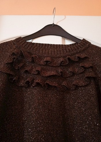 Kahverengi simli örgü Kadın Kazak - Görsel 3