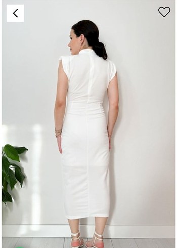 Beyaz Drapeli Yüksek Yakalı Kalem Elbise - Görsel 4