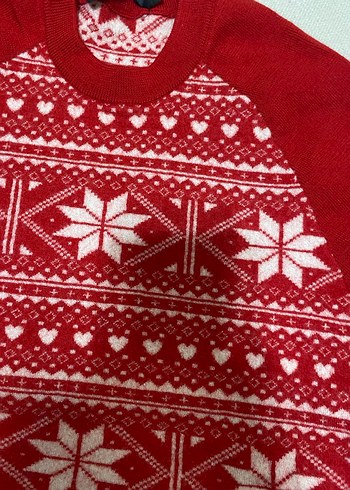 Yılbaşı Temalı Kırmızı Desenli V Yaka Örgü Kadın Kazak - Görsel 2