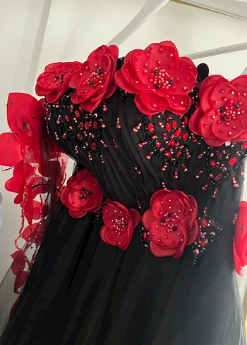 Siyah Nakışlı Uzun  Abiye Elbise - Görsel 2