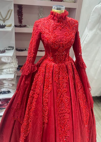 Uzun Kollu İşlemeli Kırmızı Kınalık - Görsel 4